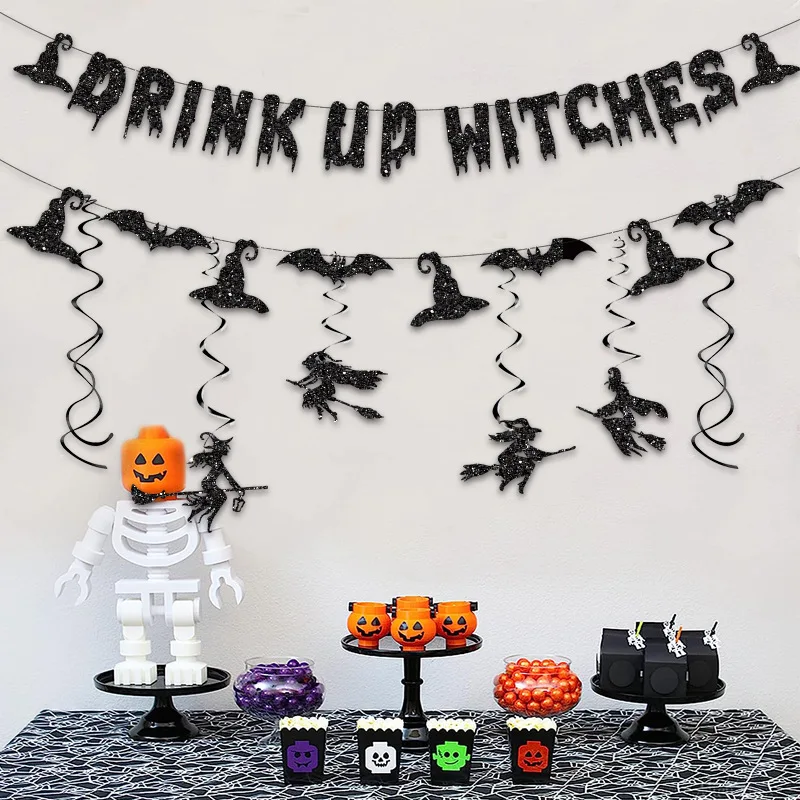 ハロウィンテーマデコレーション DRINK UP WITCHES プルフラッグ プルフラワーハット 魔女コウモリ スパイラルハンギングデコレーション
