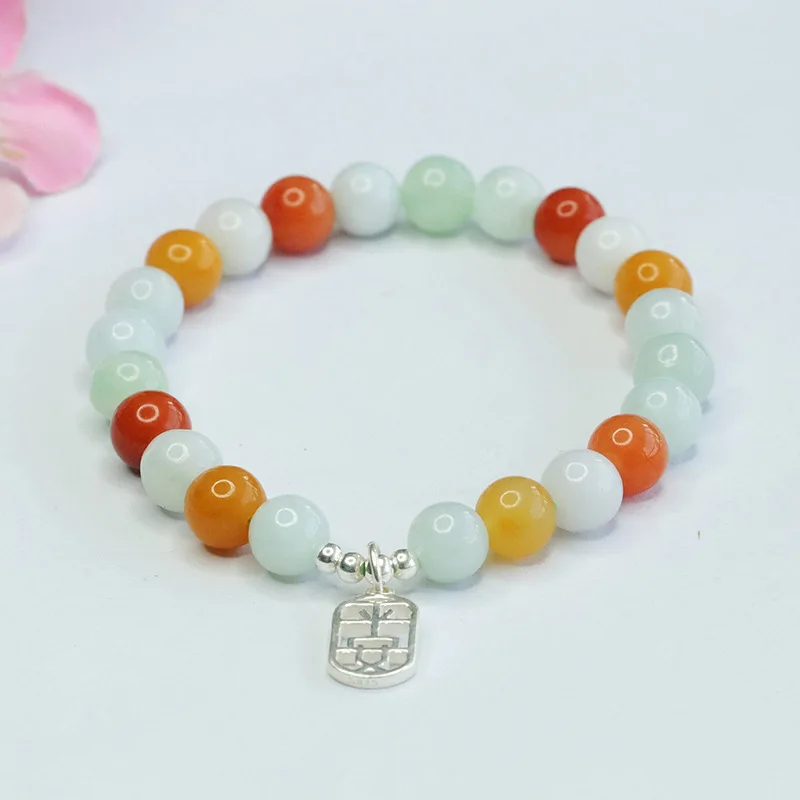 

​​Natural Burmese A-grade Jadeite Multicolor Handmade Bead Bracelet S925 Silver Safety Charm for Women & Men, Lucky Jewelry Gift