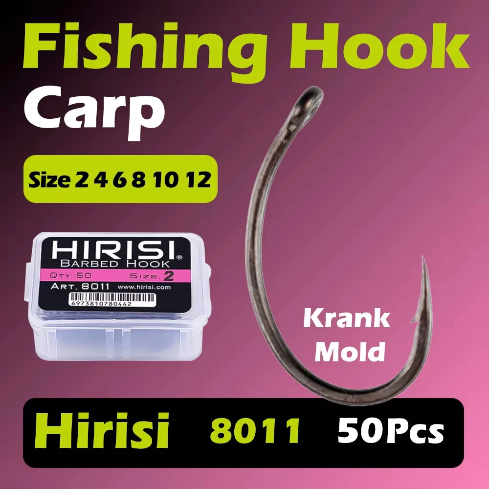 Hirisi 8011 Carp Fishing Hooks 50pcs PTFE Coated Steel Barbed Hooks with Box for Hair Rig Boilie Terminal Tackle Accessories
