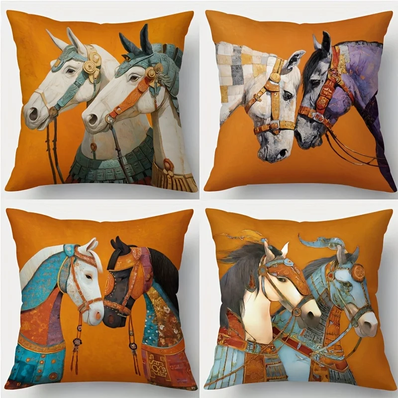 Decorative Horse Art Pillow Covers Set 4PCS Square 40x40cm Equestrian Canvas Throw Cushion Pillow Case