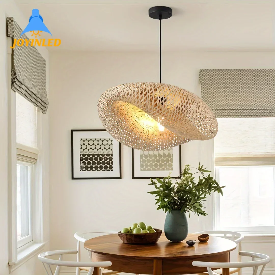 19.75 Inch (50cm) Rustic Handcrafted E26/E27 Lighting Fixture Bohemian Woven Bamboo Pendant Light Dining Room Bedroom Restaurant