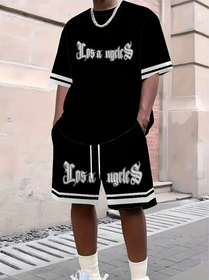 Letter Graphic Print Short Sleeve Top Elastic Waist Shorts 2-piece Set 2025 Summer Casual Loose Men's T-shirts Pocket Shorts Set