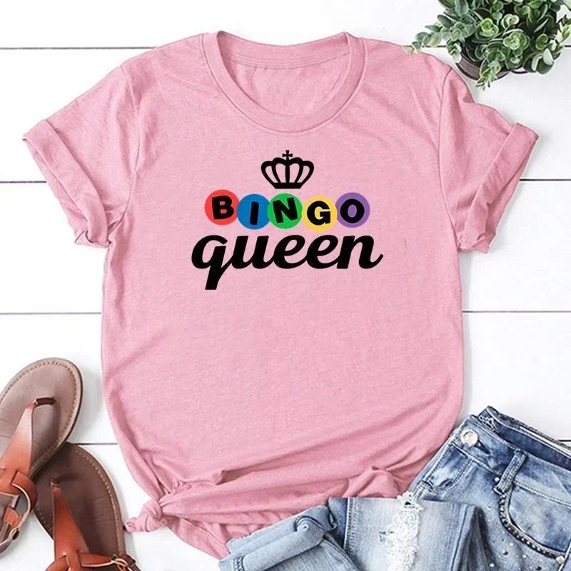 Summer Short Sleeved Harajuku Streetwear Women New Bingo Queen Print Casual Round Neck Aesthetic Clothes