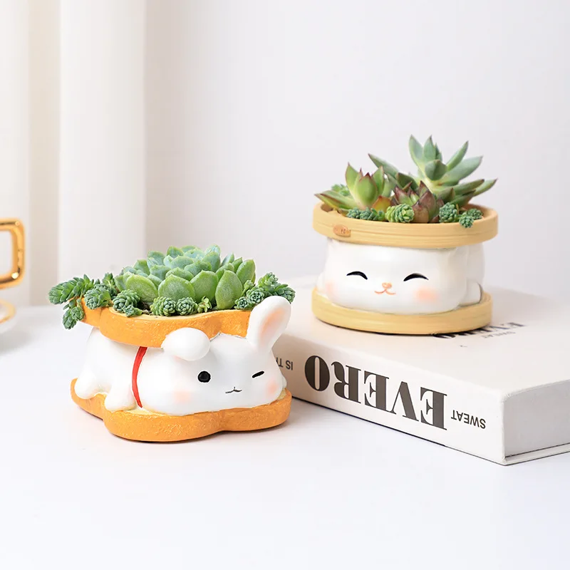 

Lovely Flower Pot Resin Craftwork House Garden Cute Smile Rabbit Animal Balcony Home Decorations Special Gift Wholesale 2023