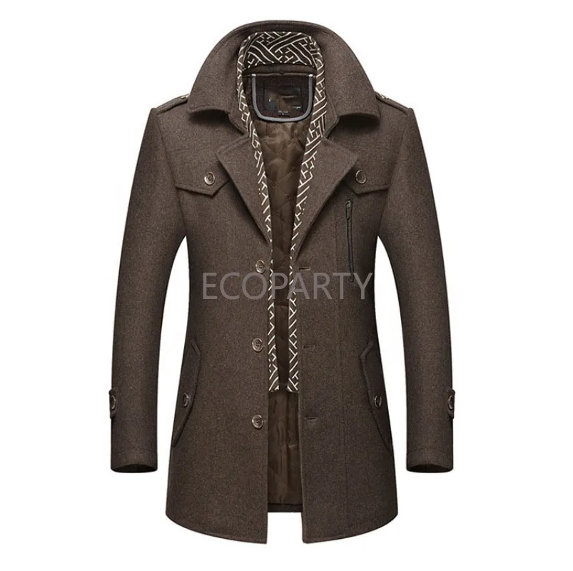 

Thick Winter Overcoat 6 Colors Medium Style Men's Gentle Layered Collar Single Breasted Quilted Lined Wool Blend Pea Coats