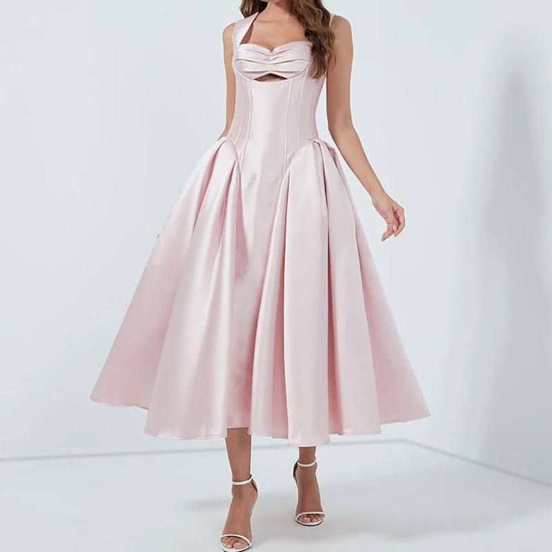 Customized Sweet Korean Moda Aling Sleeveless Princessess Gown Slim Waist Fashion Pleated Ball Gown Luxury Satin A-line Mid-lenf