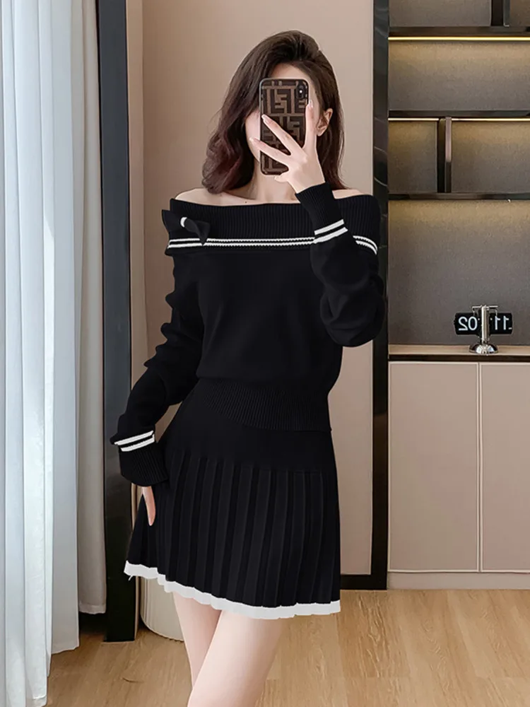 High Quality Small Fragrance Knitted Two Piece Set Women Pullover Sweater Tops + Skirt Suits Sweet Fashion Conjuntos Femininos