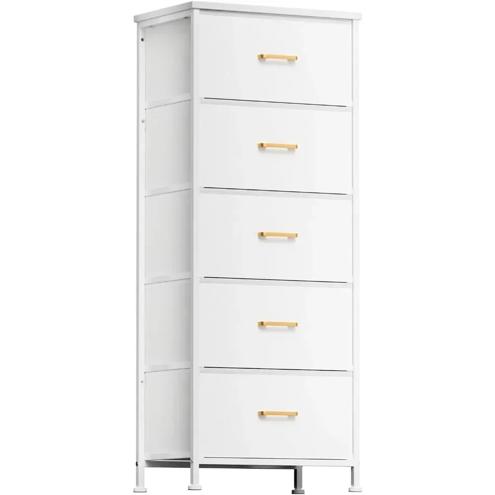 Tall Dresser with 5 Drawers, White Dresser for Bedroom, Tall Storage Tower for Closet, Nursery, Dorm, Dresser Organizer