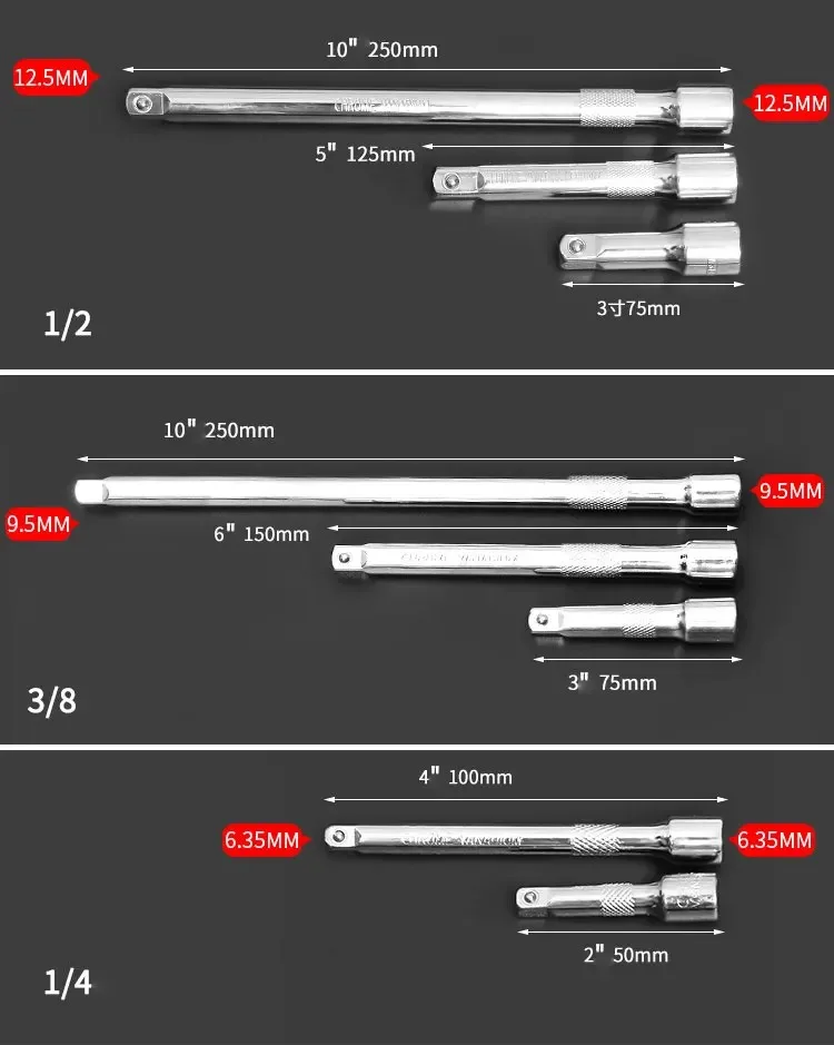 1/4" 3/8" 1/2" Socket Ratchet Wrench Extension Bar 50/75/100/125/150/250mm Long Bar Steering Sleeve Connecting Rod Accessories image 6