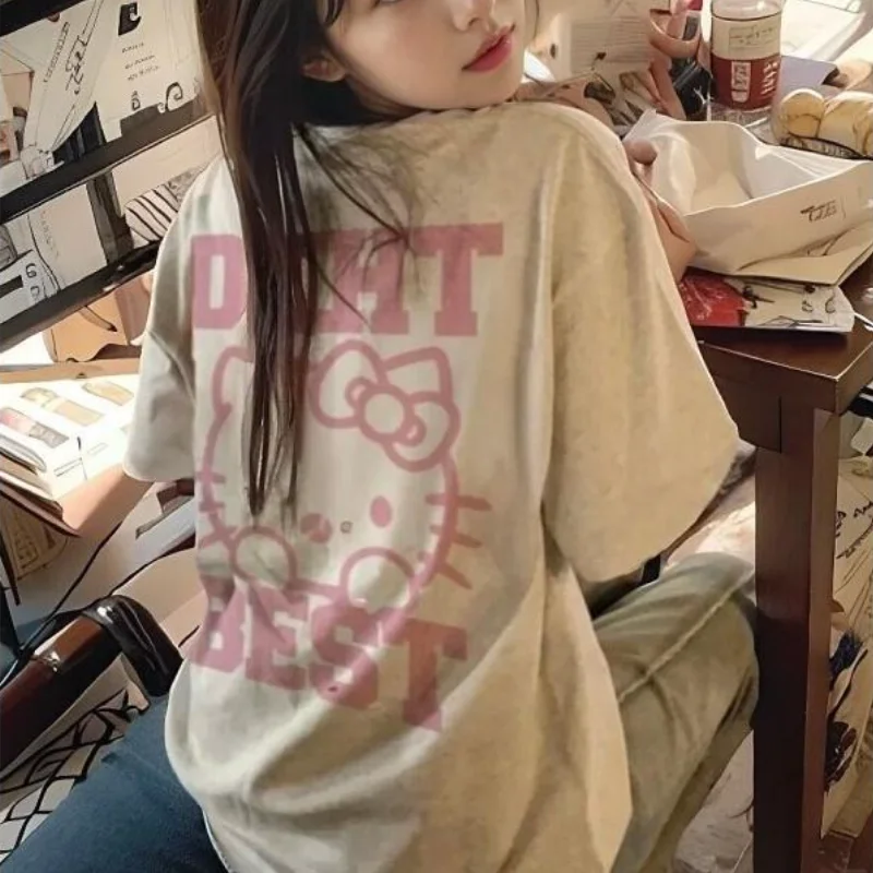 

Sanrio Hello Kitty Character Print Girl Short Sleeve Cartoon T Shirt Loose Casual Tops Color Summer Fashion Design Kawaii Tee