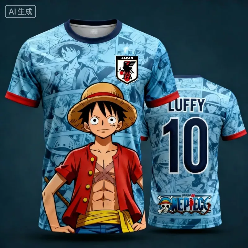 2026  Luffy Men Football Jersey Summer Short Sleeve Women T-shirt Cartoon Japan Style Anime Children Clothes Tee Tops