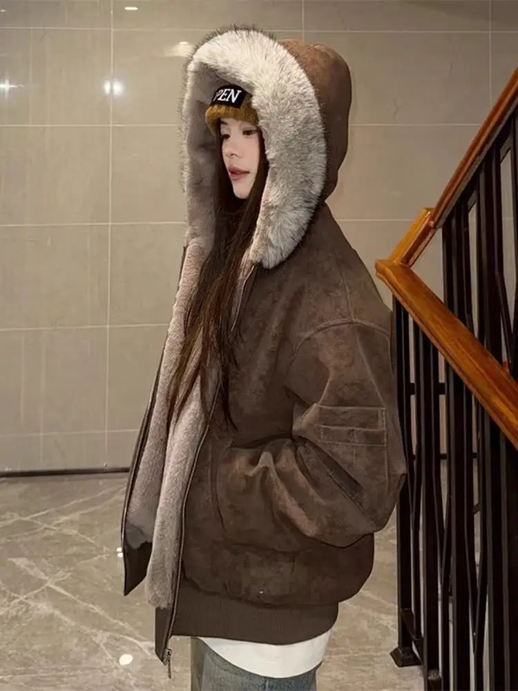 

Thiened ort PU Leather Cotton Jaet for Women Warm Winter Coat with Lamb Velvet Zipper Closure Casual Sle