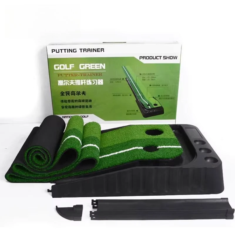 Golf Practice Training Aid Equipment Golf Putting Trainer Velvet Mat Putting Green Mat Solid Wood Base With Auto Ball Return