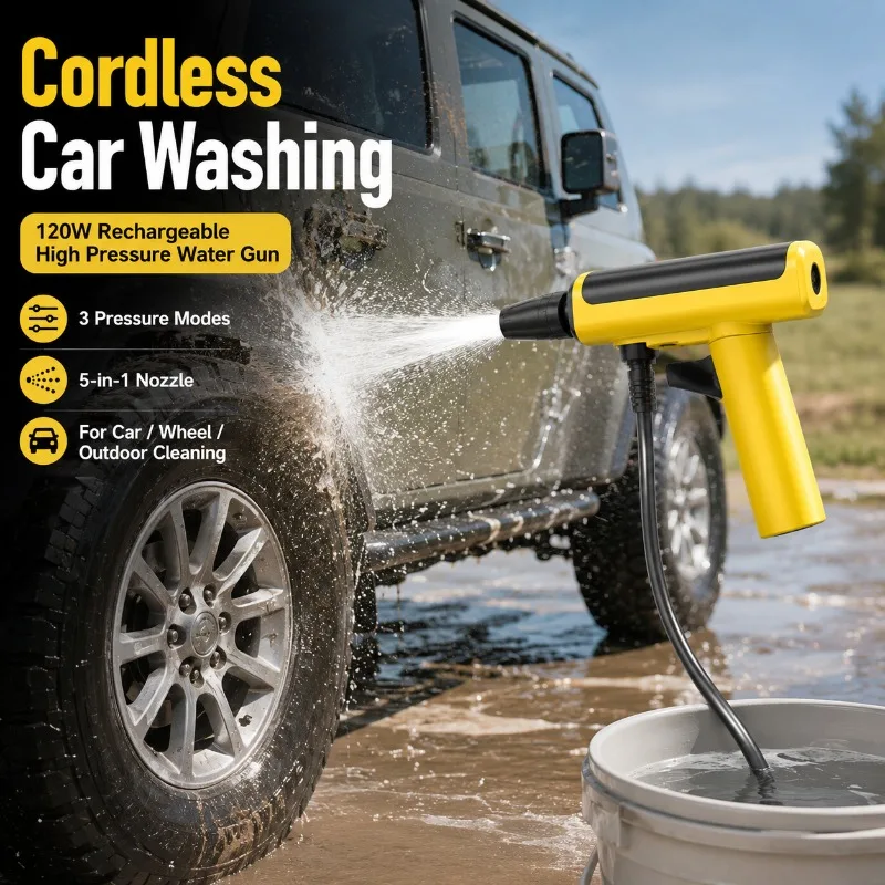Portable Cordless Folding Car Washer 120W 3 Pressure Modes Rechargeable High Pressure Water Gun Type-C Battery Spray Cleaner