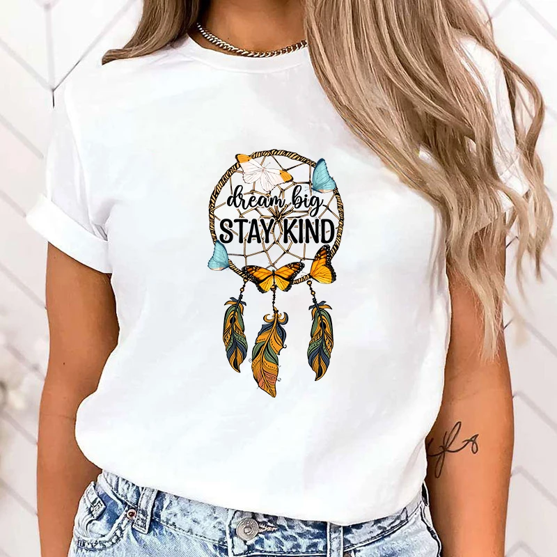 (Premium T-shirt)Dream Big Stay Kind Dreamcatcher Print Summer Casual T-Shirts For Women Creative O Neck Short-Sleeved T-Shirts