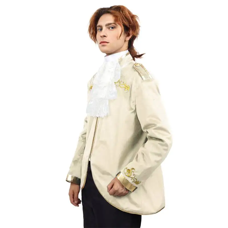DAZCOS Mens Velvet Embroidery Blazer Medieval Suit Jacket Court Fashion Uniform Victorian Cosplay Ruff Collar Chiffon Mesh Ruffs