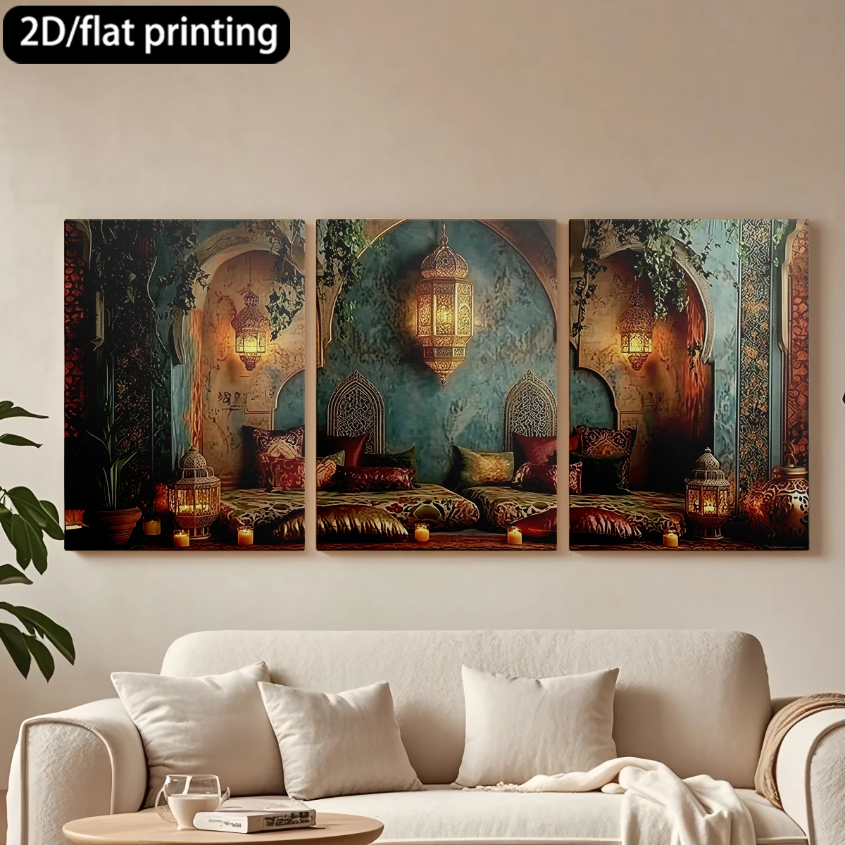 

2D плоская печать, 3-х частная декоративная картина на холсте в деревянной раме. Экзотические элементы декора: сиденья, подушки, изысканные украшения. Декор для коридора и спальни.