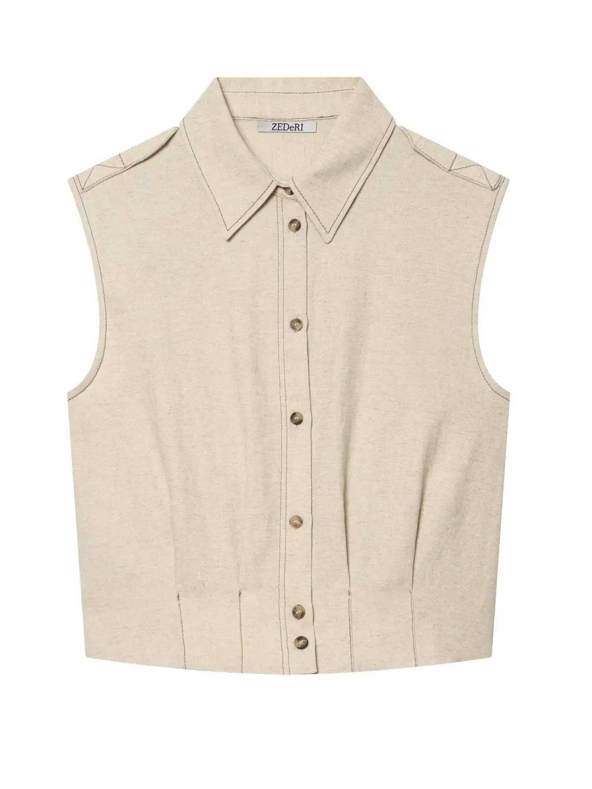 Women's Gentle Sleeveless Collared Waist-Cinching Short Shirt Top with Double-Breasted Midi Half-Length Skirt Set