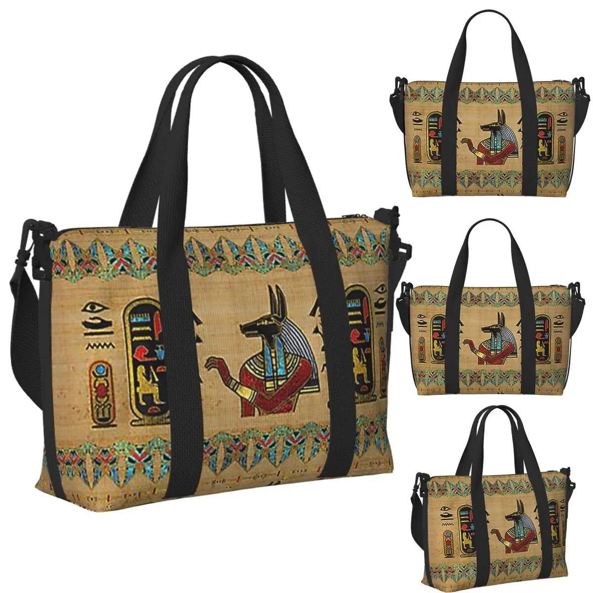 

Egyptian Anubis Ornament On Papyrus Beach Travel Bag Large Capacity Tote Bags for Gym Sport Women Shopping Duffle Shoulder Bag
