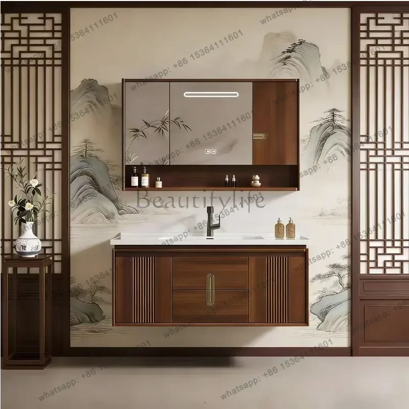 New Chinese rubber wood floor-to-ceiling ceramic integrated basin, bathroom cabinet combination washstand