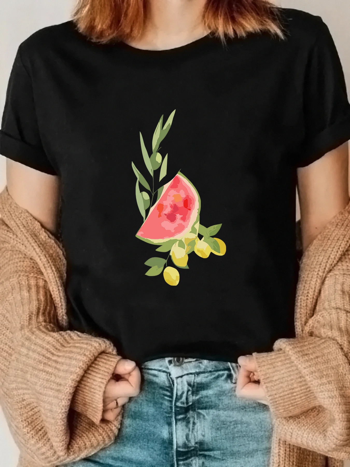 Cute Summer T-Shirt with A Watermelon Print Perfect Spring and Summer Casual Wear Harajuku Short Sleeve Casual Aesthetic Clothes