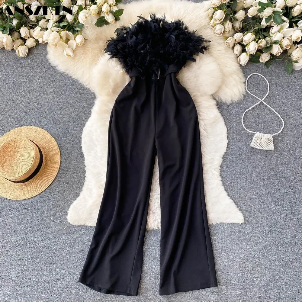 Luxury Feather Tassel Tube Top Jumpsuit Women High Waist Slimming Playsuits Lady Straight Wide Leg Jumpsuit Summer