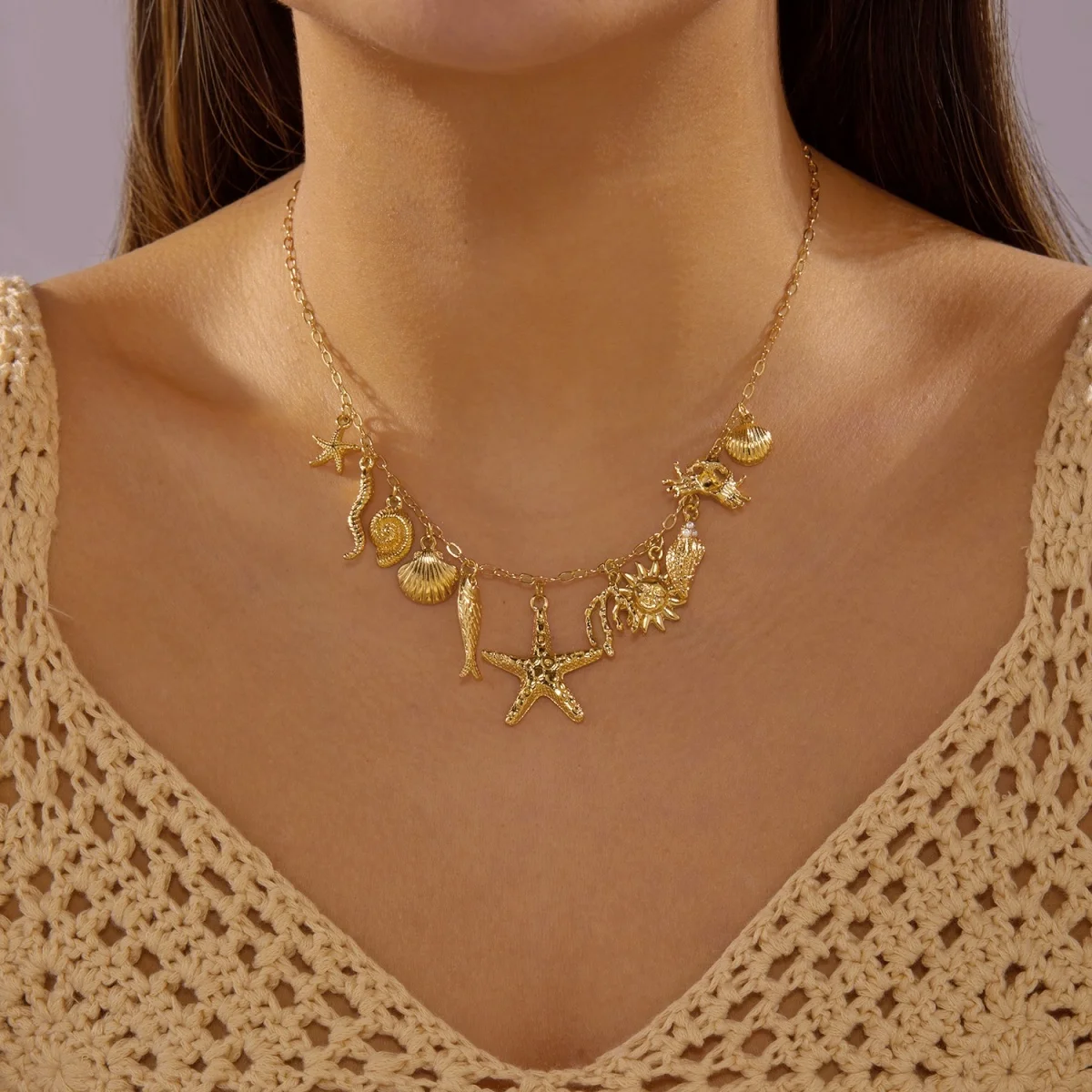 Boho Küsten-Halskette mit Seestern, Muschel, Seepferdchen, Schnecke, Fisch, Kokosnussbaum-Anhänger für Damen und Herren, Sonnen-Hummer-Choker, Sommer-Schmuck – Detail 14