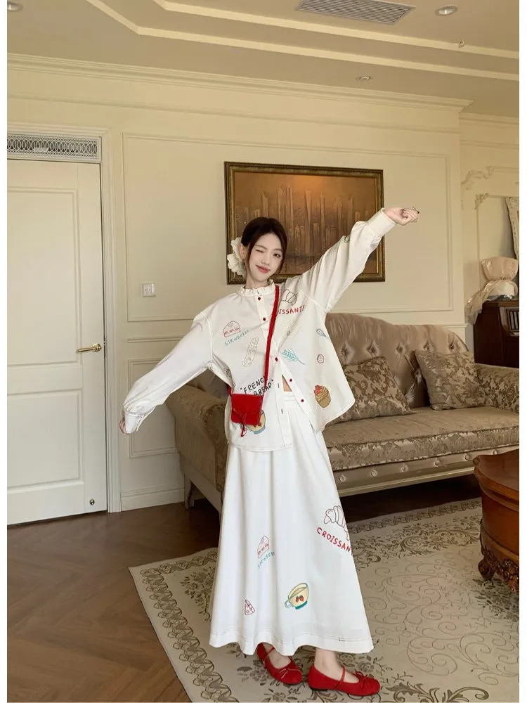 SALIENCY Retro Colorful Embroidery Skirt Set Female Summer 2025 Elegant Pring Stand Collar Shirt A-line Mid-length Skirt Outfit