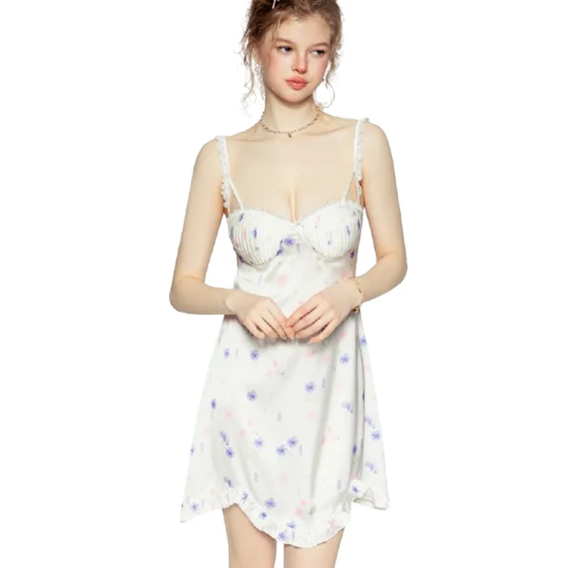 

Silky Satin Printed Lace Splicing Nightgown With Chest Pads And Ruffled Hem With Robe Sets Backless Deep V Sleeveless Dress 7972