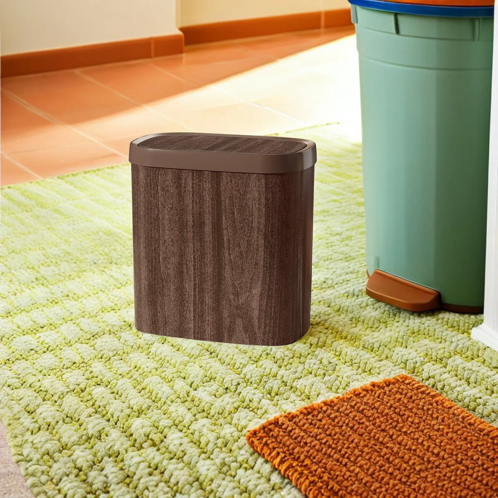 

9L Narrow Slim Wood Grain Trash Can Bathroom Kitchen Office Swing Lid Home Waste Bin Trash Can Bathroom Home Rubbish Bin