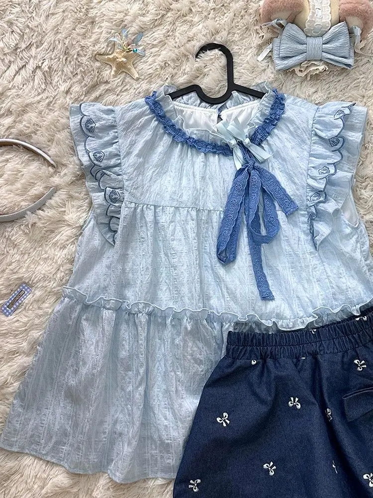 

College Style Blue Sweet Patchwork Set Female Cute Sleeveless Bow Fly Sleeve Top + Puffy Mini Skirt Sissy Two Piece Set