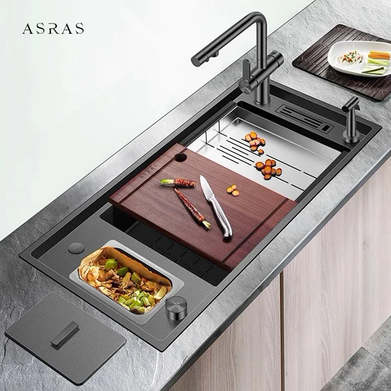 ASRAS Large Size Nanometer Stepped Kitchen Sink 304 Stainless Steel 4mm Thickness Handmade Sinks With Knife Holder And Trash Can