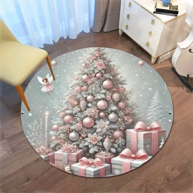 Blue Christmas Tree Round Carpet Xmas Gift Box Vintage Floral Scroll Print Floor Mat for Living Room Bedroom Winter Holiday Home