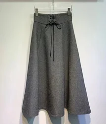 New 2023 Winter Fashion Wool Long Skirts High Quality Women Cross String Waist Tweed Wool Ladies Elegant Grey Maxi Skirt Clothes