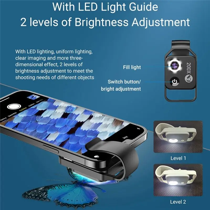 B62B 200X Microscope Lens with CPL for Phone LED Light for Macro Lens for iOS Android Smartphones White
