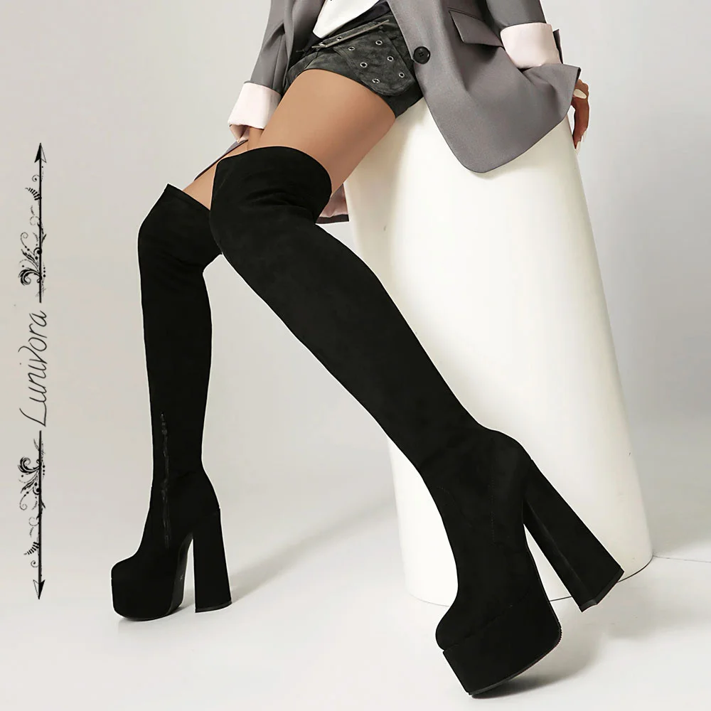 Botas por encima de la rodilla con plataforma para mujer, botines largos aterciopelados con punta redonda y tacón grueso, talla 35-46, para invierno