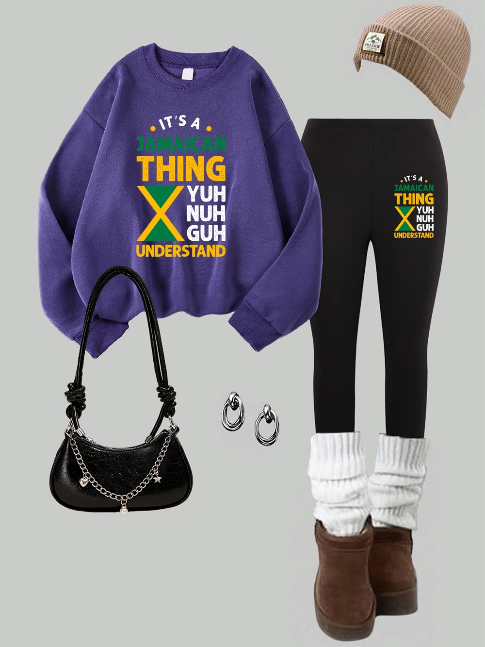 

2 Piece Women Jamaica Featured Elements Printing Sweatshirt Leggings Set Fashion Warm Fleece Hoodie Pants Autumn Woman Clothes