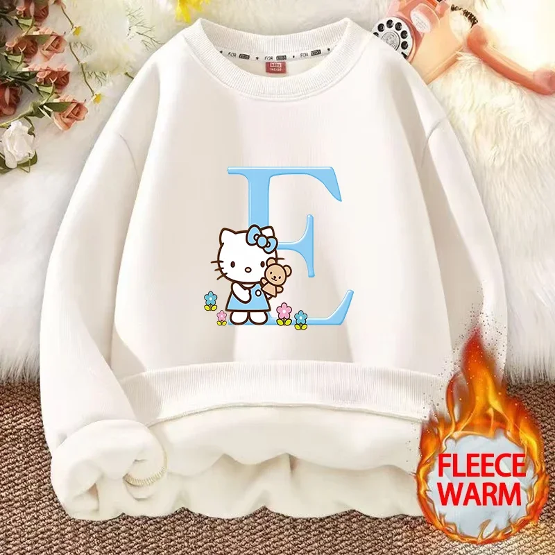 Hello Kitty Girl Pullover Hoodies Sanrio Kids Thick Warm Street Clothing Hoodie Print Fitted Sweatshirt Long Sleeves Tops Gift