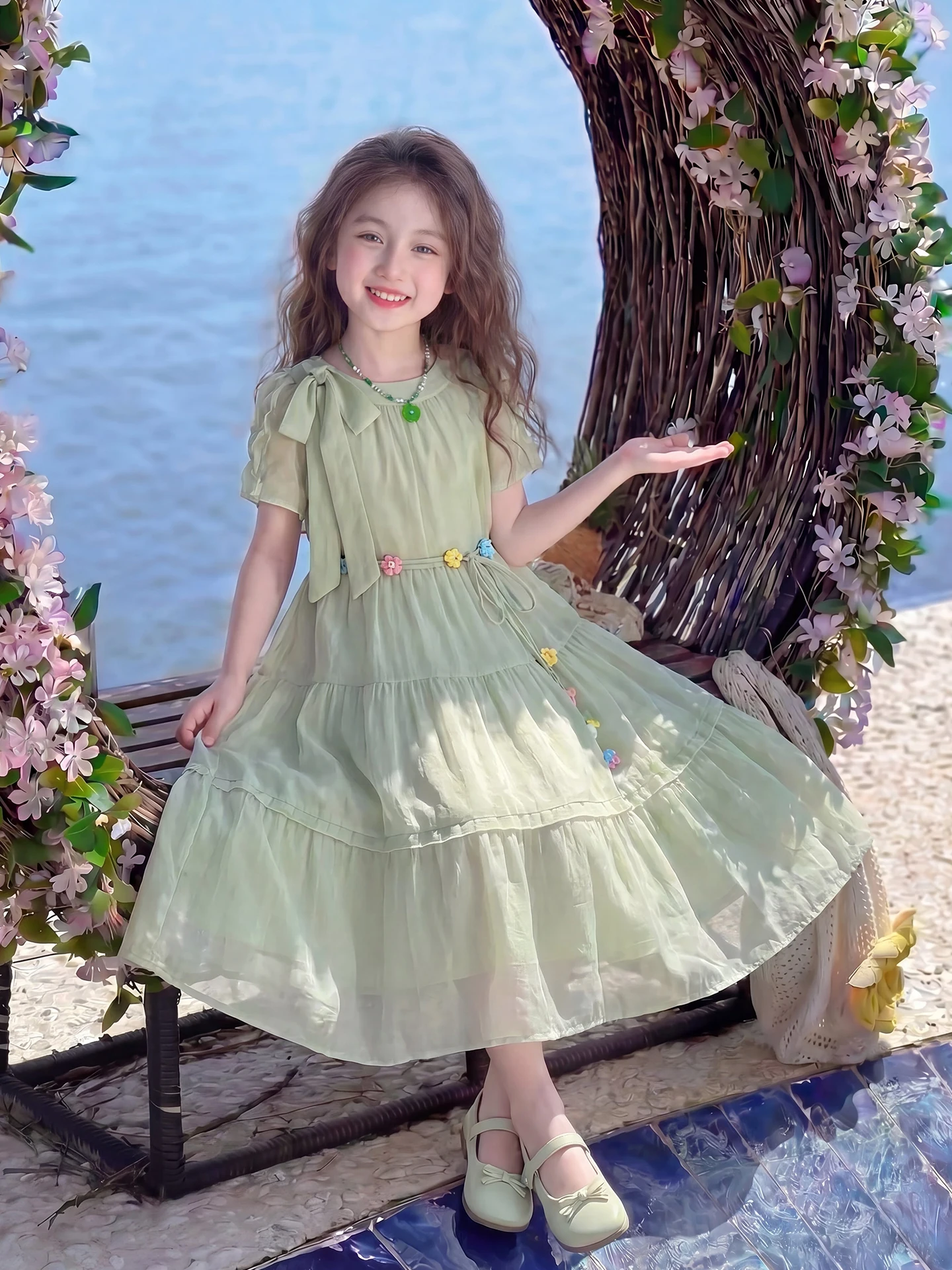 princess-style-girls-dress-summer-new-fashion-pure-color-lace-trim-children's-clothing-sweet-style-short-sleeve-dress