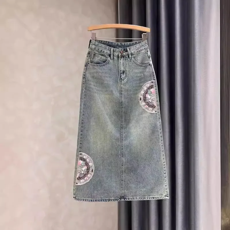 Bordado retrô feminino saia jeans dividida, cintura alta, casual, fina, longa, linha A, moda, verão, novo, 2024