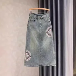 Retro embroidery split denim skirt female 2024 summer new high waist fashion casual temperament slim long A-line skirt.