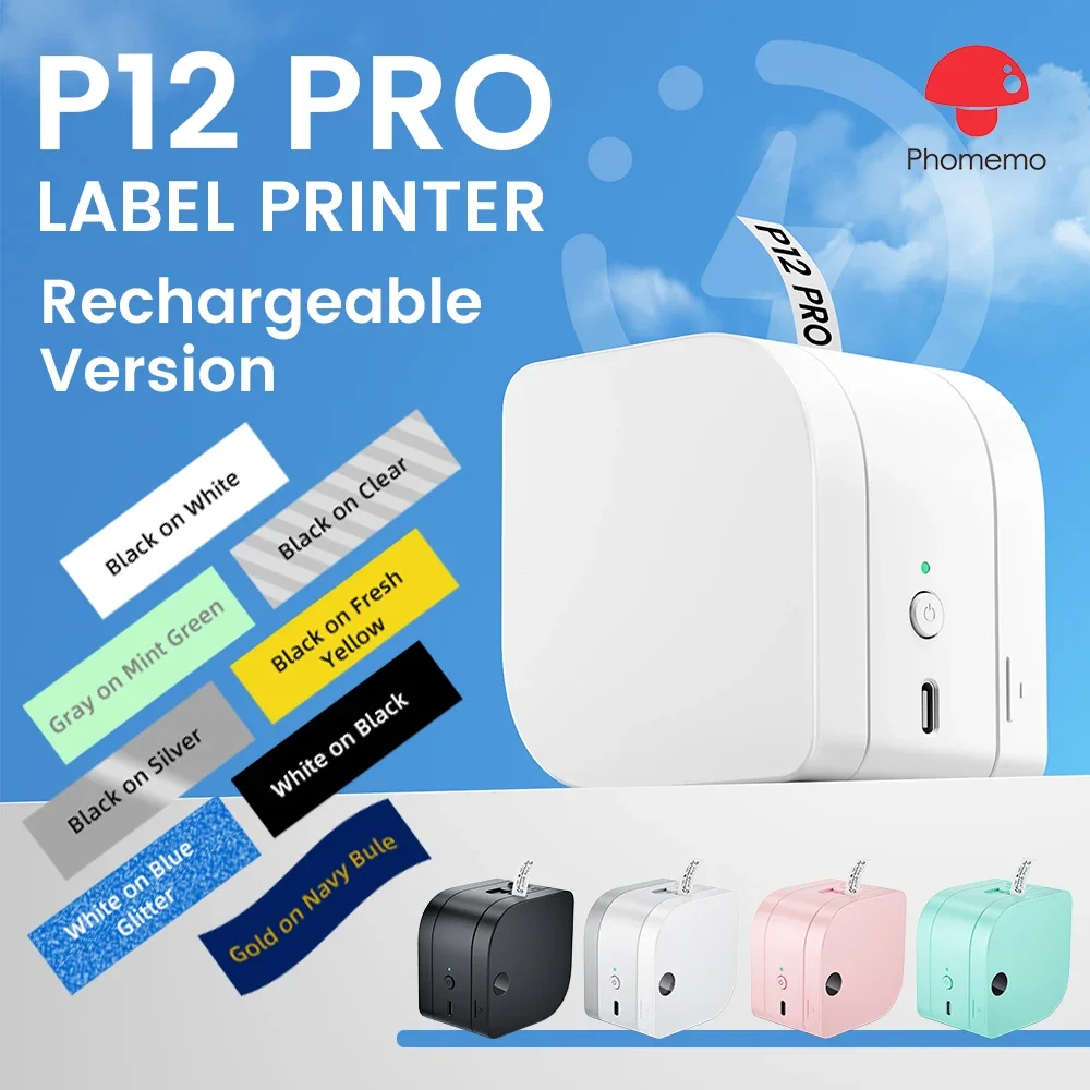 Phomemo Label Printer P12 PRO Portable Label Maker 12mm Rechargeable Bluetooth Inkless Printer Multiple Template for Office Home