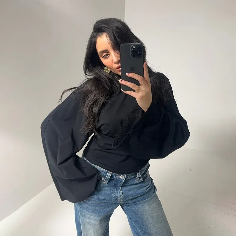 Trendix Basic Long Sleeve Crop Tops Women Summer 2026 Loose Casual Solid Pullover Top Ladies Street Party Club Fashion T-Shirts