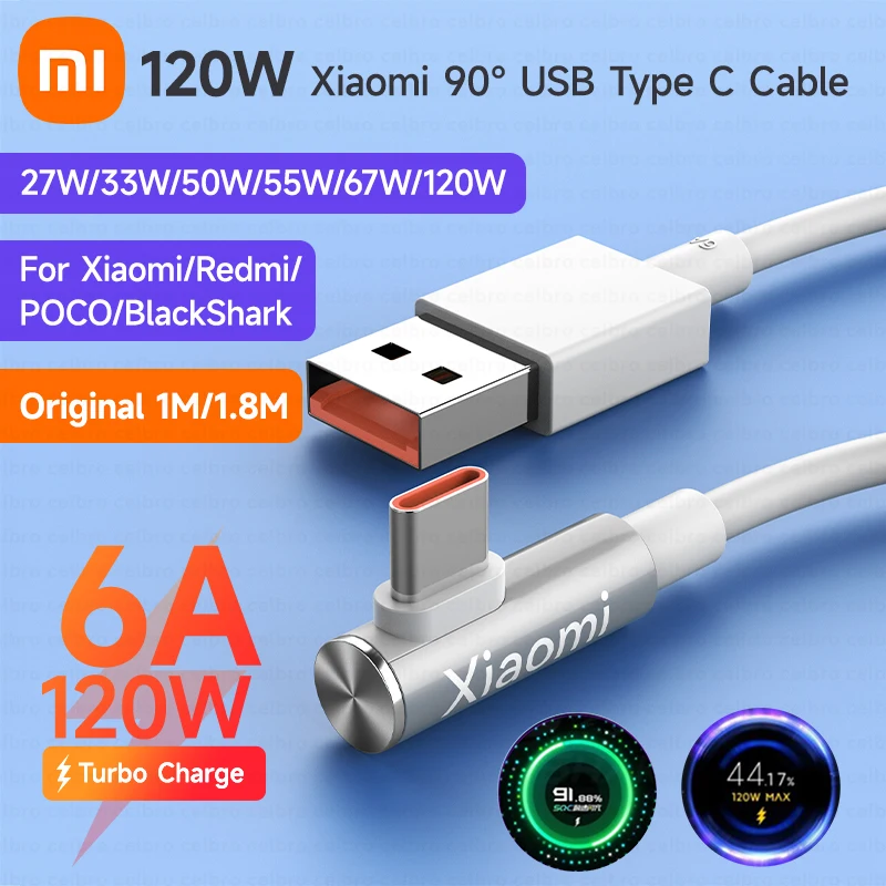 Original Xiaomi 120W 6A Usb Type C Game Fast Charging Cable 90 Degree Elbow For Mi 12 11 10 9 Poco X5 Redmi Note 12 Pro + Tipo