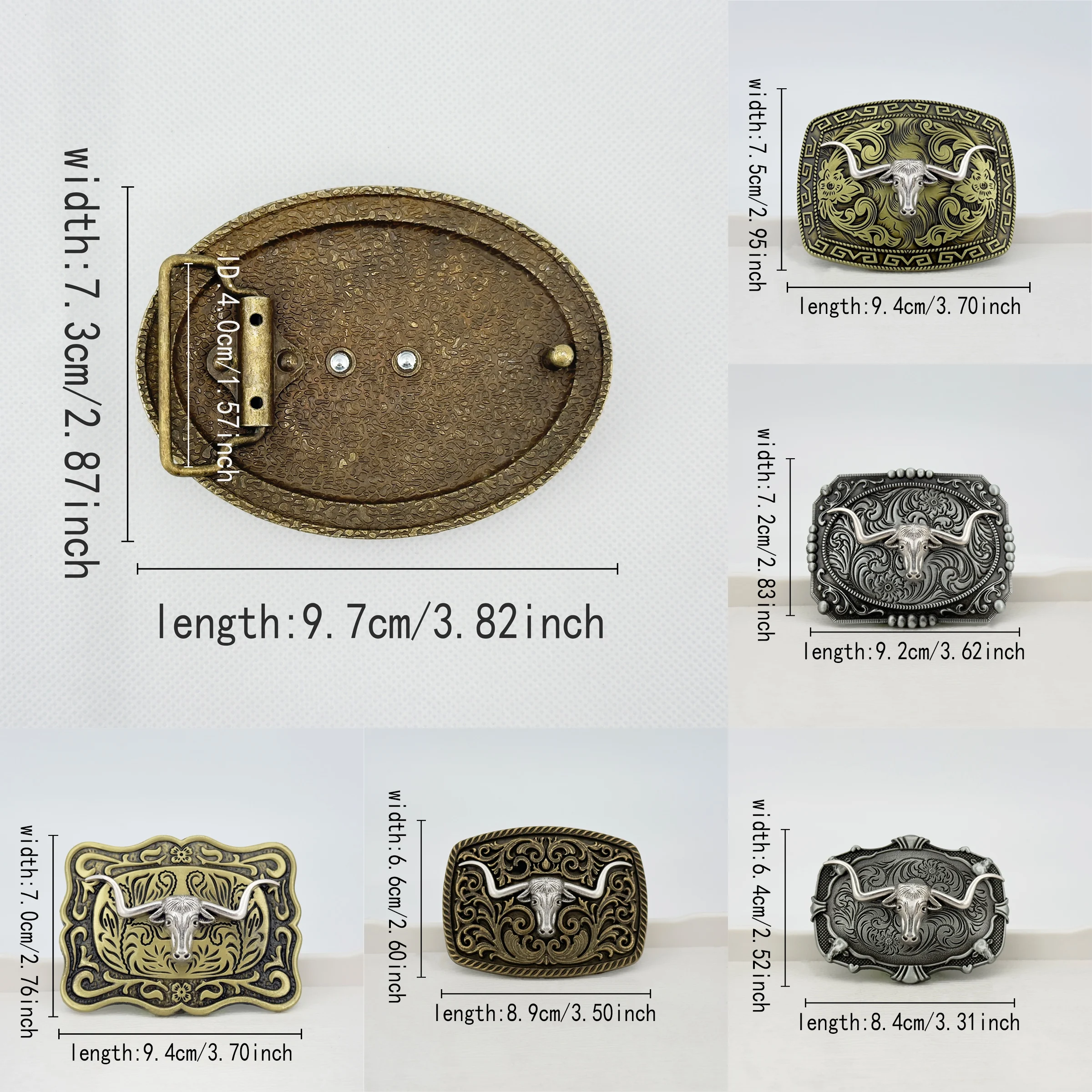 قطعة واحدة من سبائك الزنك الكلاسيكية العتيقة مع زوايا منحنية ونقش رأس بقرة طويلة من القبيلة الغربية، D #2