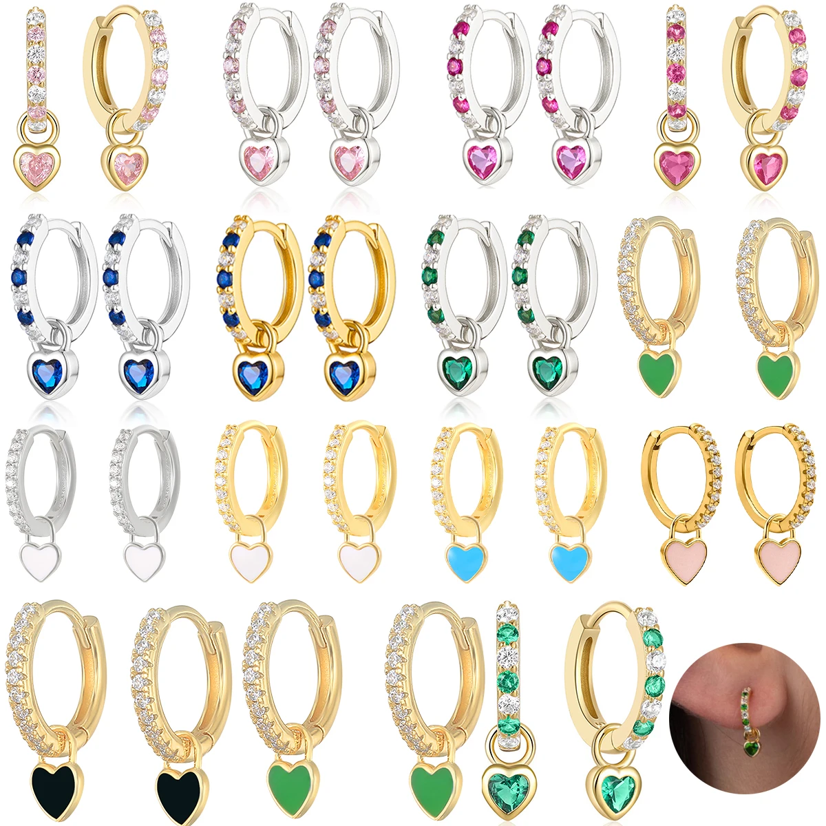 

925 Sterling Silver Valentine's Day Hoop Earrings Gold Pendant Earrings Colorful Heart Drop Earring For Women Fine Jewelry Gift