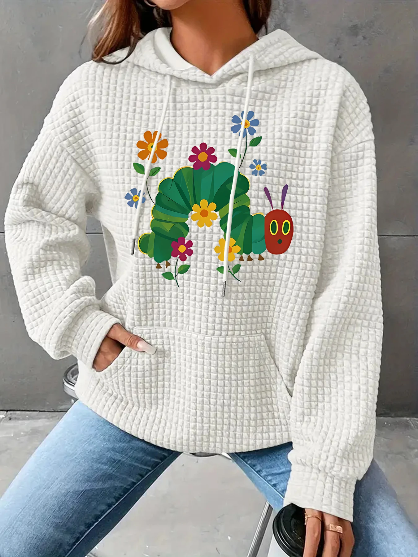 Colorful flower-patterned hungry caterpillar cartoon print waffle knit pullover hooded casual women's hoodie