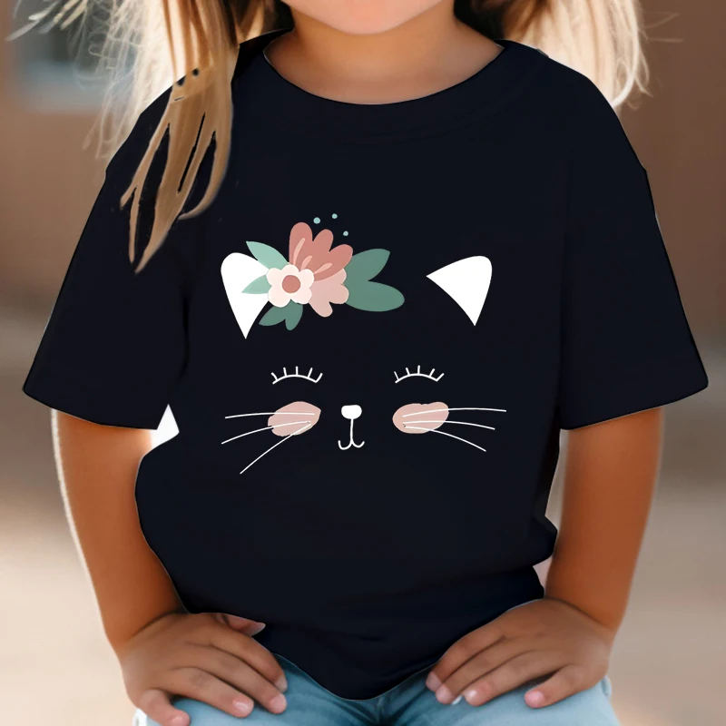 Cartoon Flower Cat Design Girls Boys Short Sleeve T-shirt 2024 Summer Clothing Loose Cute Animal Tops Tees Kids Kitten Tshirt