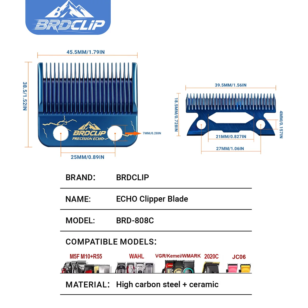 BRDCLIP Blue Echo Blade 808C Professional Electric Hair Clipper Replaceable Blade for 8148、M10、R77F、BRD-106、108、FA1C、X1、V