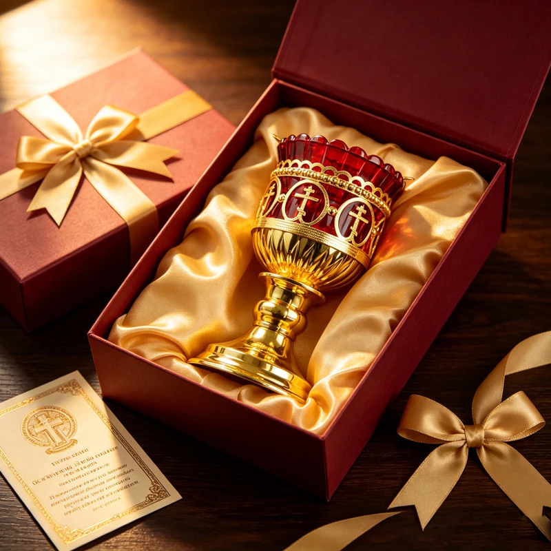 Orthodox Vigil Lamp Gold Plated Metal Red Glass Candle Holder with Cross Motifs for Church Home Shrine Religious Devotion Gift